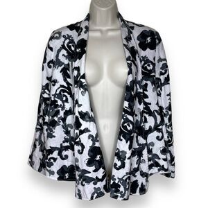 Grace Elements Linen Floral Open Front Cardigan Blazer White Gray Black Women 4